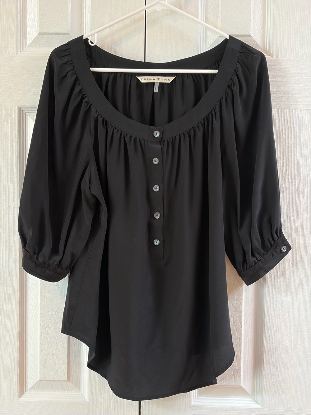 Trina Turk Black Silk Scoop Neck 3/4 Puff Sleeve Blouse Size L